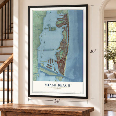 Miami Beach, Florida map, 24 x 36 inch print in a black frame by a staircase