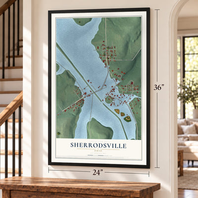 Sherrodsville, Ohio map, 24 x 36 inch print in a black frame by a staircase