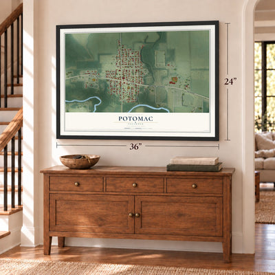 Potomac, Illinois map, 24 x 36 inch print in a black frame above a dresser by a staircase