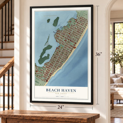 Beach Haven, New Jersey map, 24 x 36 inch print in a black frame by a staircase