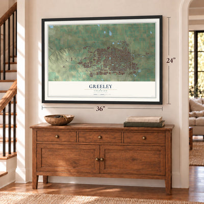 Greeley, Colorado map, 24 x 36 inch print in a black frame above a dresser by a staircase