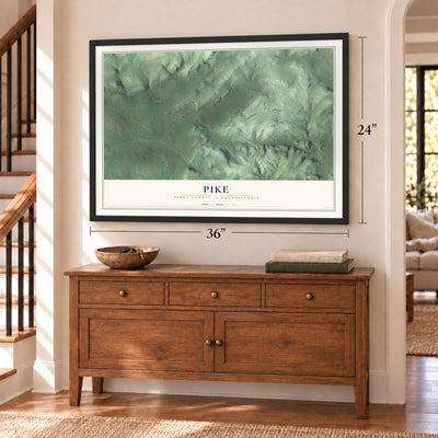 Pike, Berks County, Pennsylvania map, 24 x 36 inch print in a black frame above a dresser by a staircase
