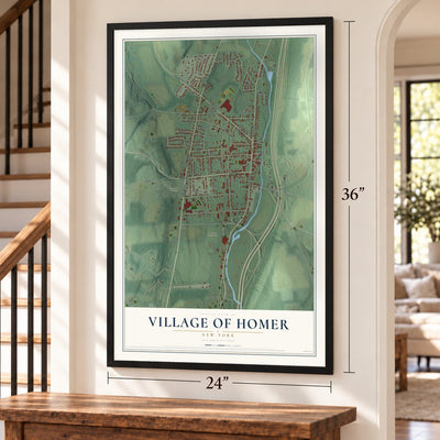 Village of Homer, New York map, 24 x 36 inch print in a black frame by a staircase