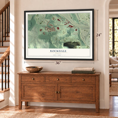 Rockdale, Georgia map, 24 x 36 inch print in a black frame above a dresser by a staircase