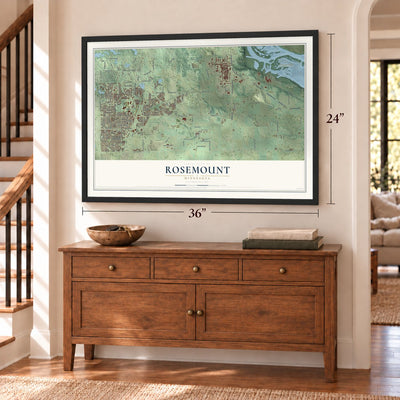 Rosemount, Minnesota map, 24 x 36 inch print in a black frame above a dresser by a staircase