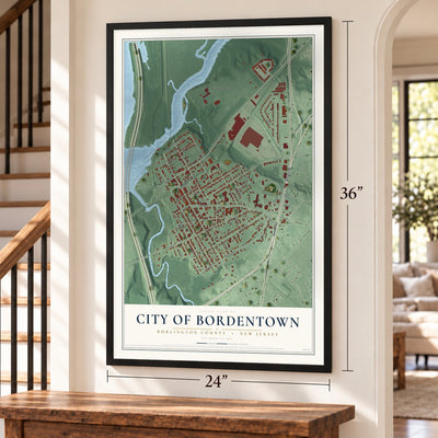 City of Bordentown, Burlington County, New Jersey map, 24 x 36 inch print in a black frame by a staircase