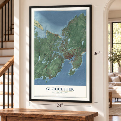 Gloucester, Massachusetts map, 24 x 36 inch print in a black frame by a staircase