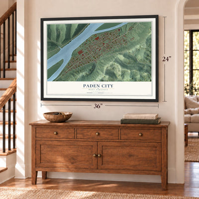 Paden City, West Virginia map, 24 x 36 inch print in a black frame above a dresser by a staircase