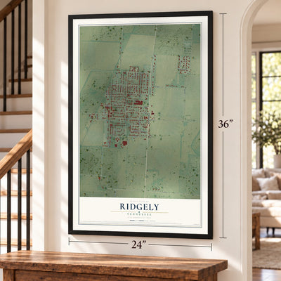 Ridgely, Tennessee map, 24 x 36 inch print in a black frame by a staircase