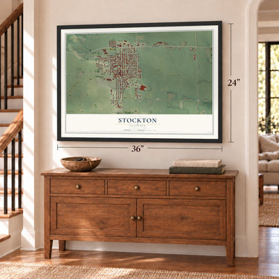 Stockton, Illinois map, 24 x 36 inch print in a black frame above a dresser by a staircase