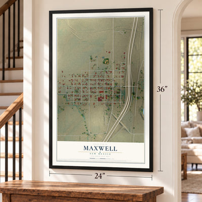 Maxwell, New Mexico map, 24 x 36 inch print in a black frame by a staircase