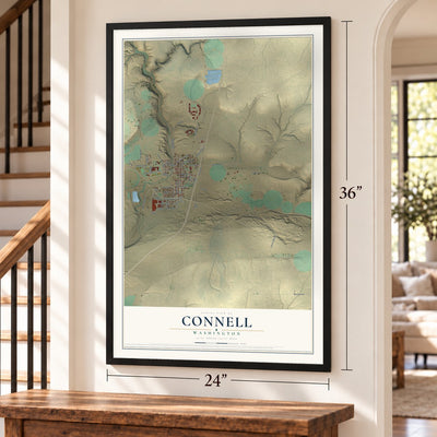 Connell, Washington map, 24 x 36 inch print in a black frame by a staircase