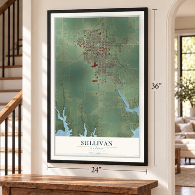 Sullivan, Illinois map, 24 x 36 inch print in a black frame by a staircase