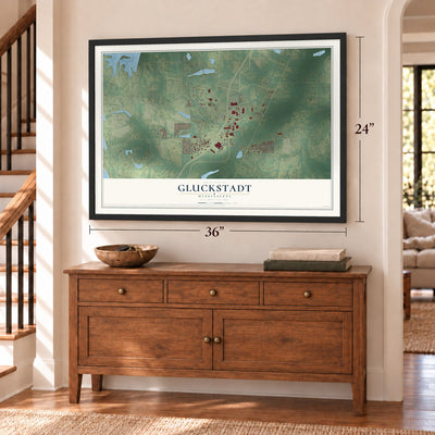 Gluckstadt, Mississippi map, 24 x 36 inch print in a black frame above a dresser by a staircase