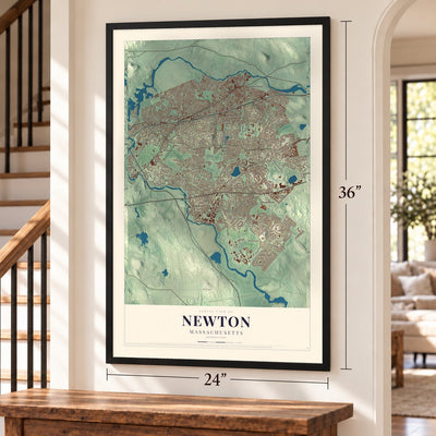 Newton, Massachusetts map, 24 x 36 inch print in a black frame by a staircase