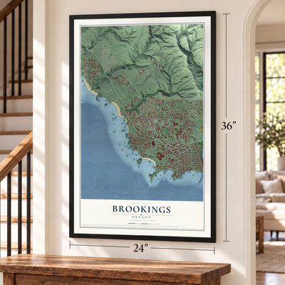 Brookings, Oregon map, 24 x 36 inch print in a black frame by a staircase