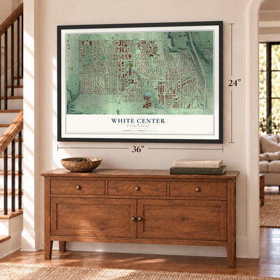 White Center, Washington map, 24 x 36 inch print in a black frame above a dresser by a staircase