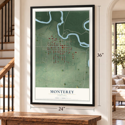 Monterey, Indiana map, 24 x 36 inch print in a black frame by a staircase