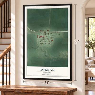 Norman, Nebraska map, 24 x 36 inch print in a black frame by a staircase