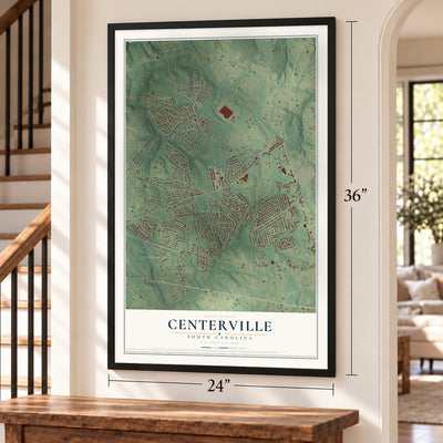 Centerville, South Carolina map, 24 x 36 inch print in a black frame by a staircase