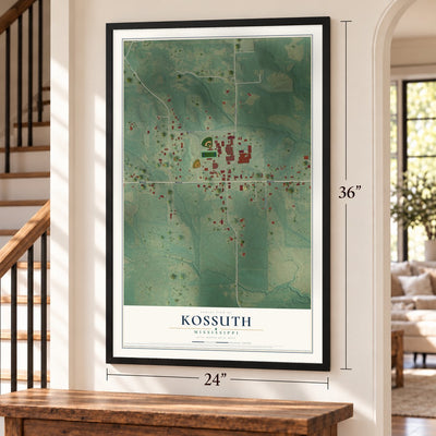 Kossuth, Mississippi map, 24 x 36 inch print in a black frame by a staircase