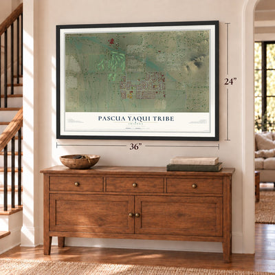 Pascua Yaqui Tribe, Arizona map, 24 x 36 inch print in a black frame above a dresser by a staircase