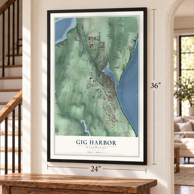 Gig Harbor, Washington map, 24 x 36 inch print in a black frame by a staircase