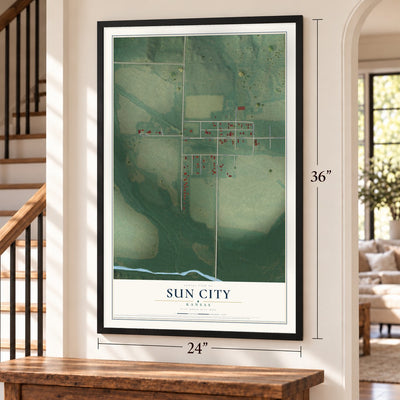 Sun City, Kansas map, 24 x 36 inch print in a black frame by a staircase