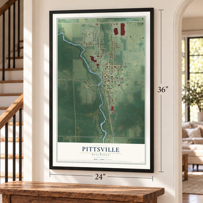 Pittsville, Wisconsin map, 24 x 36 inch print in a black frame by a staircase