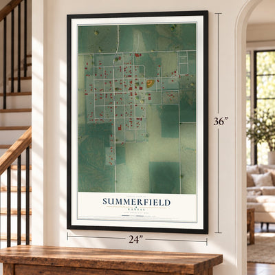 Summerfield, Kansas map, 24 x 36 inch print in a black frame by a staircase