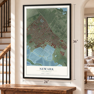 Newark, California map, 24 x 36 inch print in a black frame by a staircase