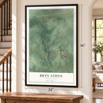 Bryn Athyn, Pennsylvania map, 24 x 36 inch print in a black frame by a staircase