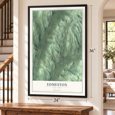 Edmeston, New York map, 24 x 36 inch print in a black frame by a staircase