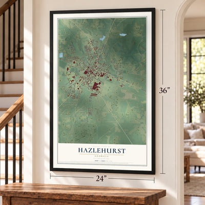 Hazlehurst, Georgia map, 24 x 36 inch print in a black frame by a staircase