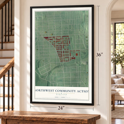 Northwest Community Action, Maryland map, 24 x 36 inch print in a black frame by a staircase