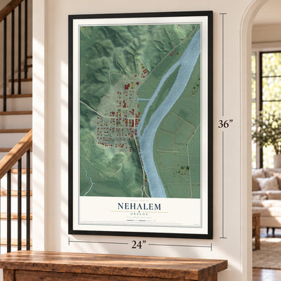 Nehalem, Oregon map, 24 x 36 inch print in a black frame by a staircase