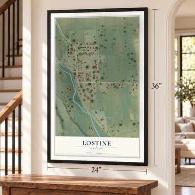 Lostine, Oregon map, 24 x 36 inch print in a black frame by a staircase