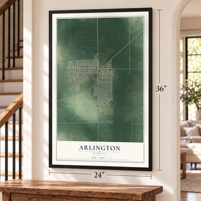 Arlington, Kansas map, 24 x 36 inch print in a black frame by a staircase