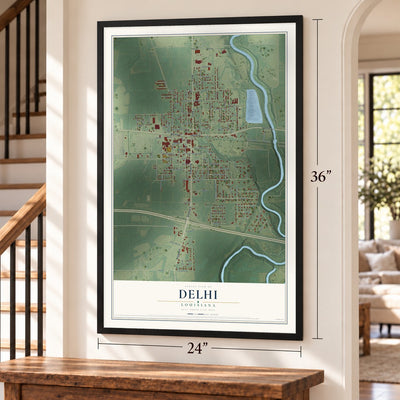 Delhi, Louisiana map, 24 x 36 inch print in a black frame by a staircase