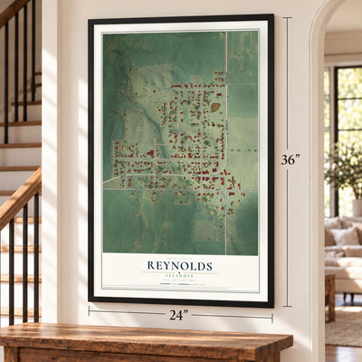 Reynolds, Illinois map, 24 x 36 inch print in a black frame by a staircase