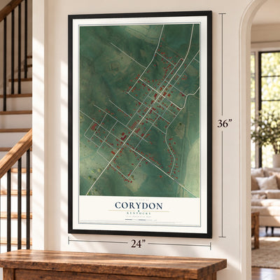 Corydon, Kentucky map, 24 x 36 inch print in a black frame by a staircase