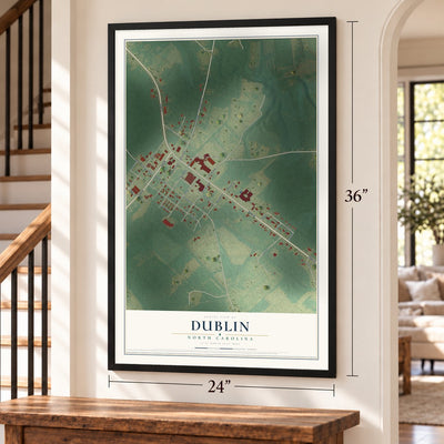 Dublin, North Carolina map, 24 x 36 inch print in a black frame by a staircase