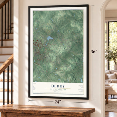 Derry, New Hampshire map, 24 x 36 inch print in a black frame by a staircase