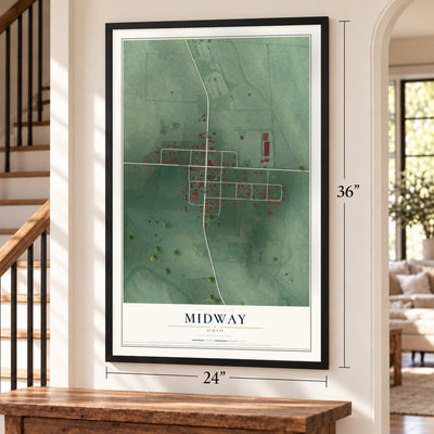 Midway, Ohio map, 24 x 36 inch print in a black frame by a staircase