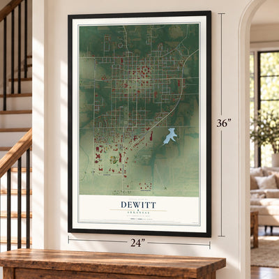 DeWitt, Arkansas map, 24 x 36 inch print in a black frame by a staircase