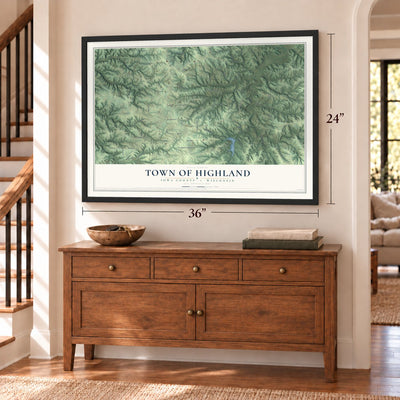 Town of Highland, Iowa County, Wisconsin map, 24 x 36 inch print in a black frame above a dresser by a staircase