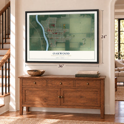 Oakwood, Paulding County, Ohio map, 24 x 36 inch print in a black frame above a dresser by a staircase
