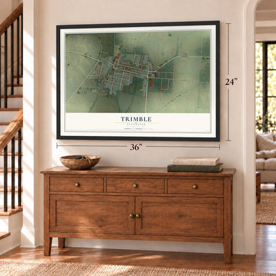 Trimble, Tennessee map, 24 x 36 inch print in a black frame above a dresser by a staircase