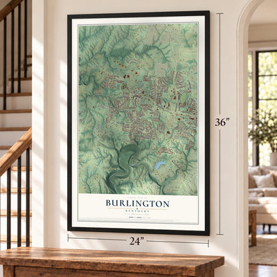 Burlington, Kentucky map, 24 x 36 inch print in a black frame by a staircase