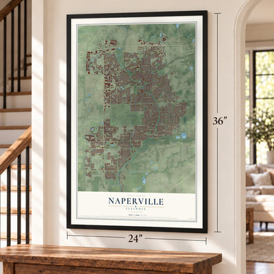 Naperville, Illinois map, 24 x 36 inch print in a black frame by a staircase